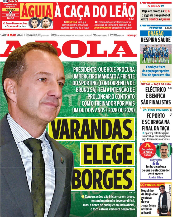 Capas dos jornais desportivos — 14 de Março de 2026 2 Capa - A Bola
