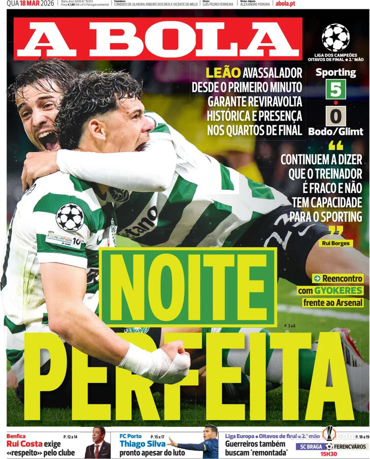 Capas dos jornais desportivos — 18 de Março de 2026 2 Capa - A Bola