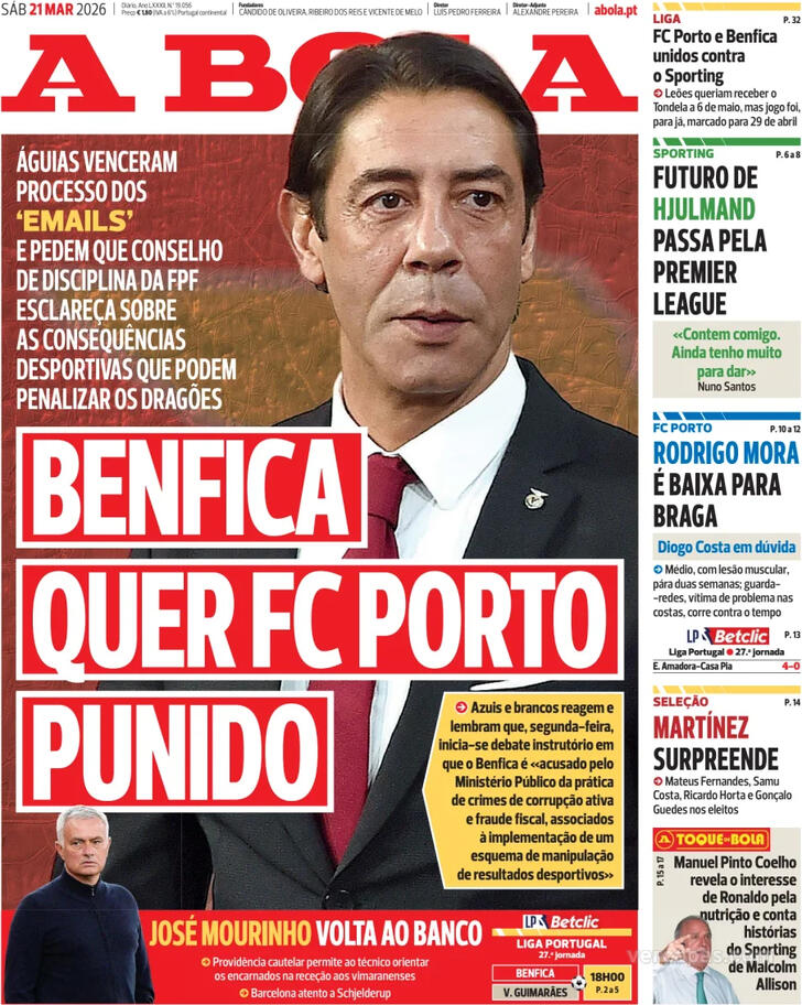 Capas dos jornais desportivos de 21 de Março de 2026 2 Capa - A Bola