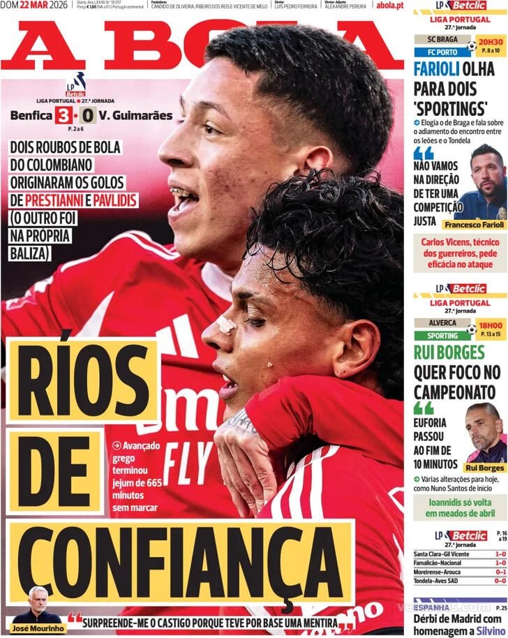 Capas dos jornais desportivos de 22 de Março de 2026 2 Capa - A Bola