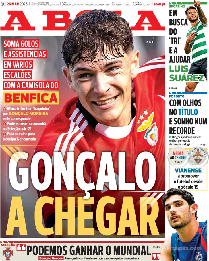 Capas dos jornais desportivos de 26 de Março de 2026 2 Capa - A Bola