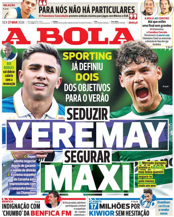 Capas dos jornais desportivos de 27 de Março de 2026 2 Capa - A Bola