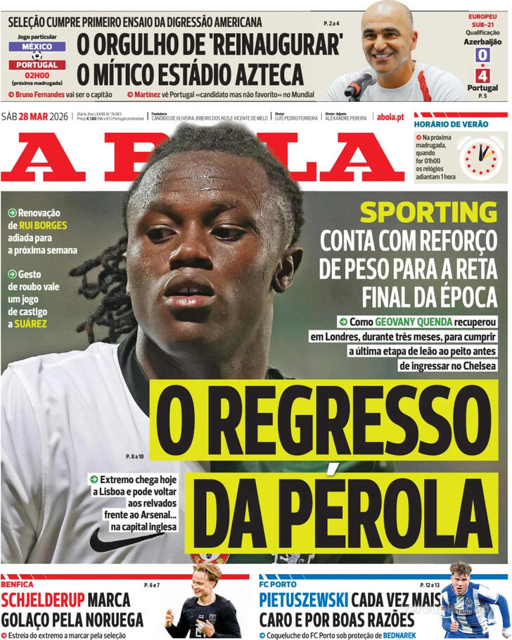 Capas dos jornais desportivos de 28 de Março de 2026 2 Capa - A Bola