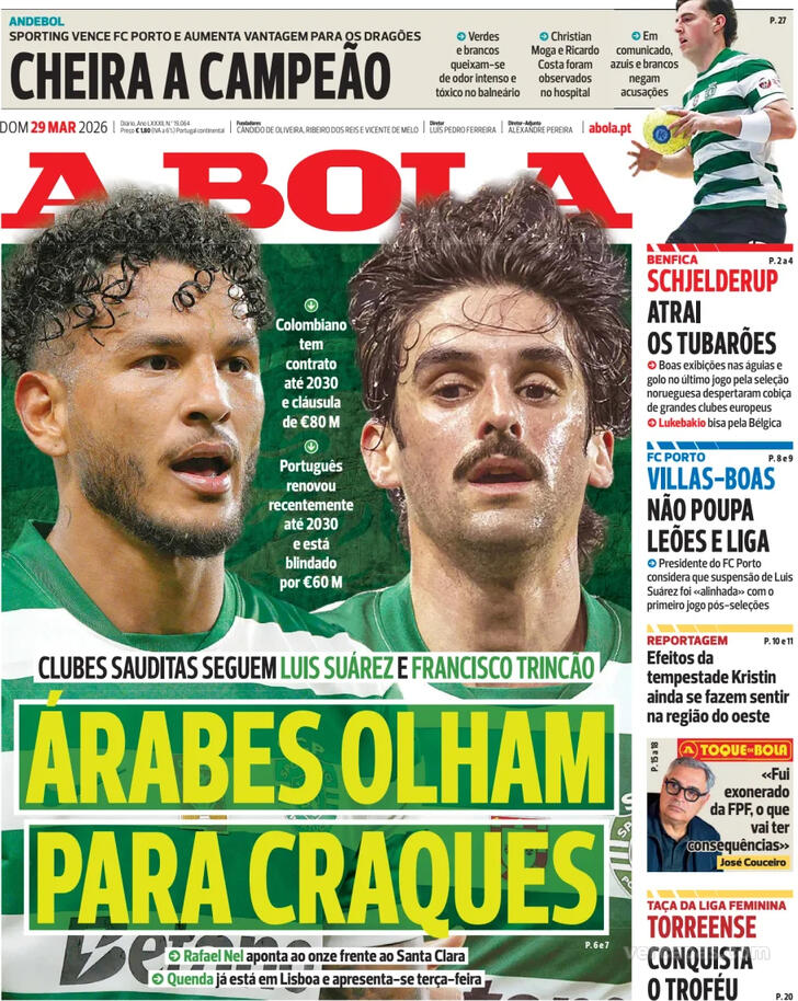 Capas dos jornais desportivos de 29 de Março de 2026 2 Capa - A Bola