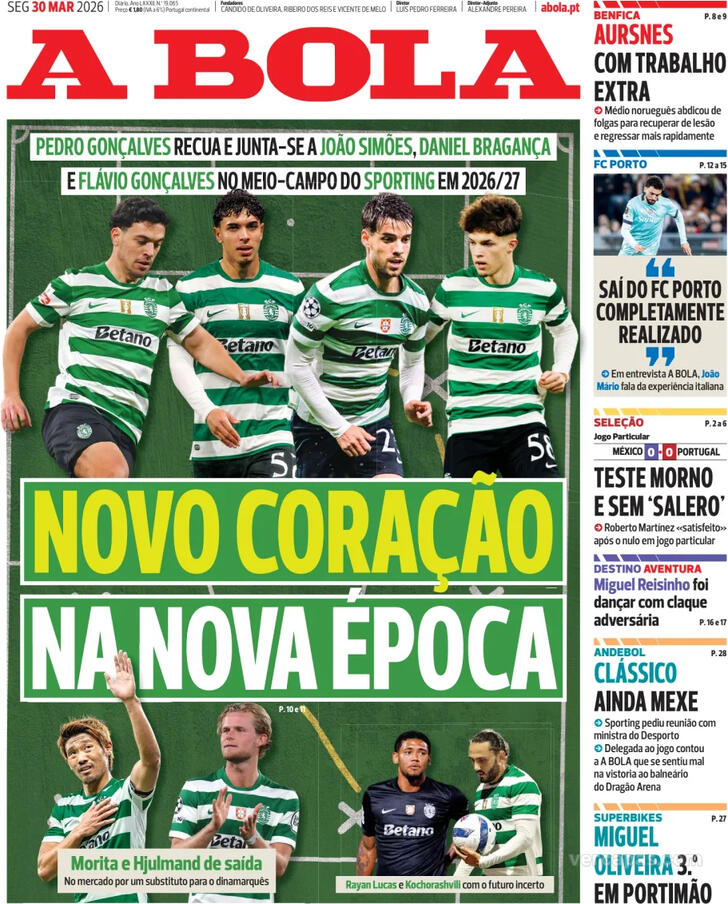 Capas dos jornais desportivos de 30 de Março de 2026 2 Capa - A Bola