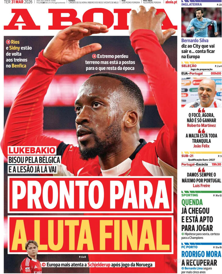 Capas dos jornais desportivos de 31 de Março de 2026 2 Capa - A Bola