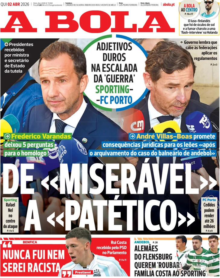 Capas dos jornais desportivos de 2 de Abril de 2026 2 Capa - A Bola