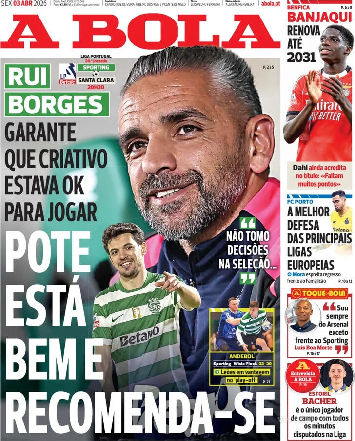 Capas dos jornais desportivos de 3 de Abril de 2026 2 Capa - A Bola