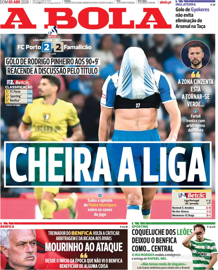 Capas dos jornais desportivos de 5 de Abril de 2026 2 Capa - A Bola