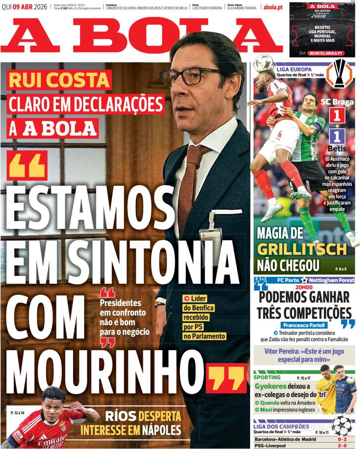 Capas dos jornais desportivos de 9 de Abril de 2026 2 Capa - A Bola