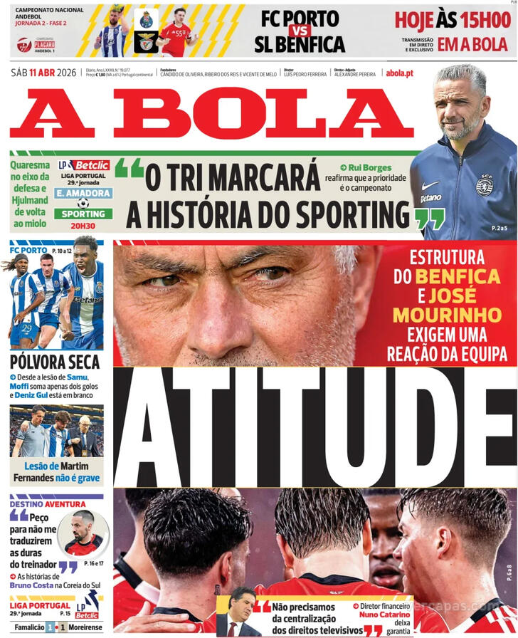 Capas dos jornais desportivos de 11 de Abril de 2026 2 Capa - A Bola