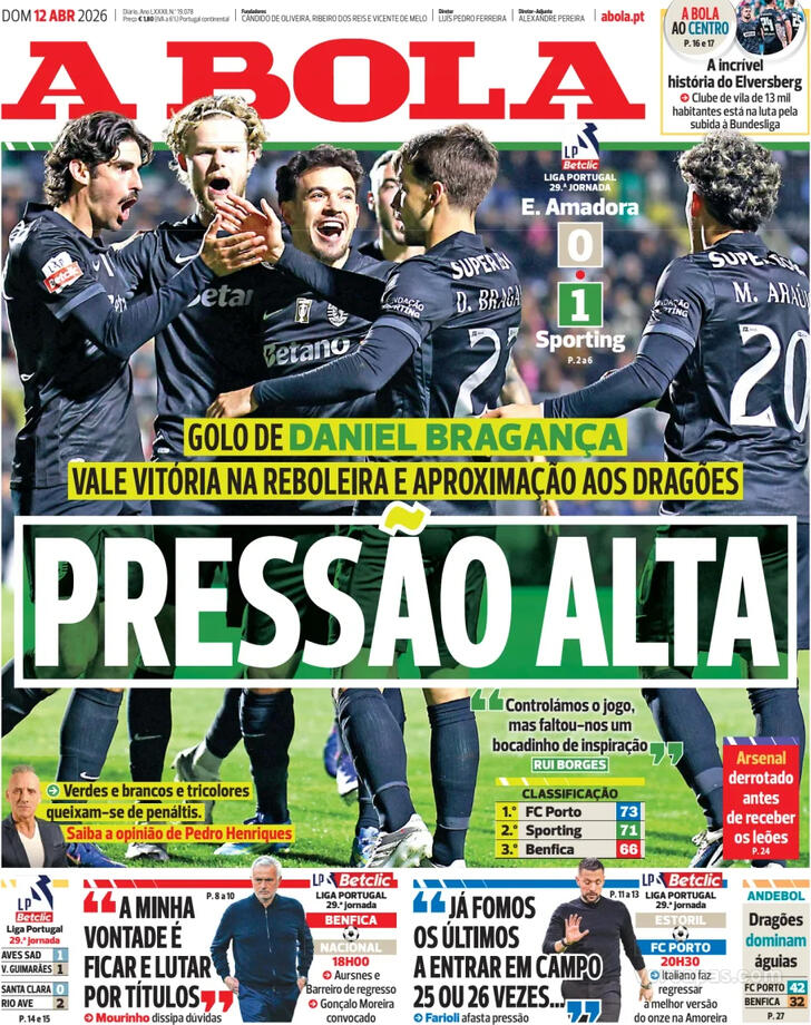 Capas dos jornais desportivos de 12 de Abril de 2026 2 Capa - A Bola