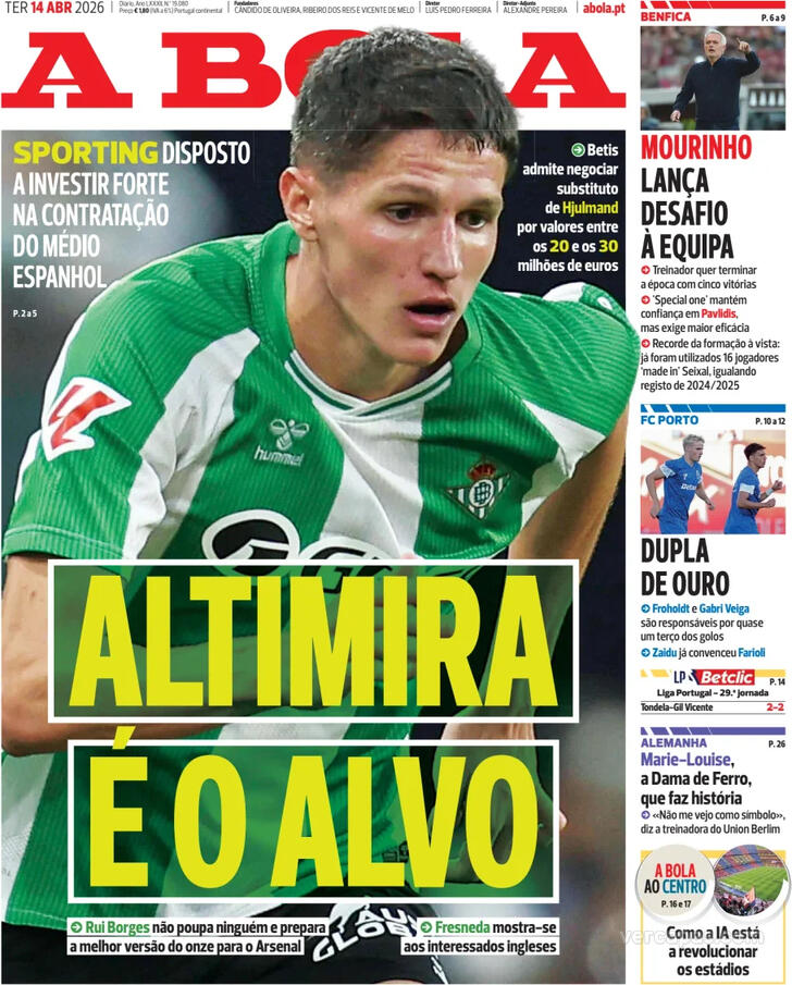 Capas dos jornais desportivos de 14 de Abril de 2026 2 Capa - A Bola