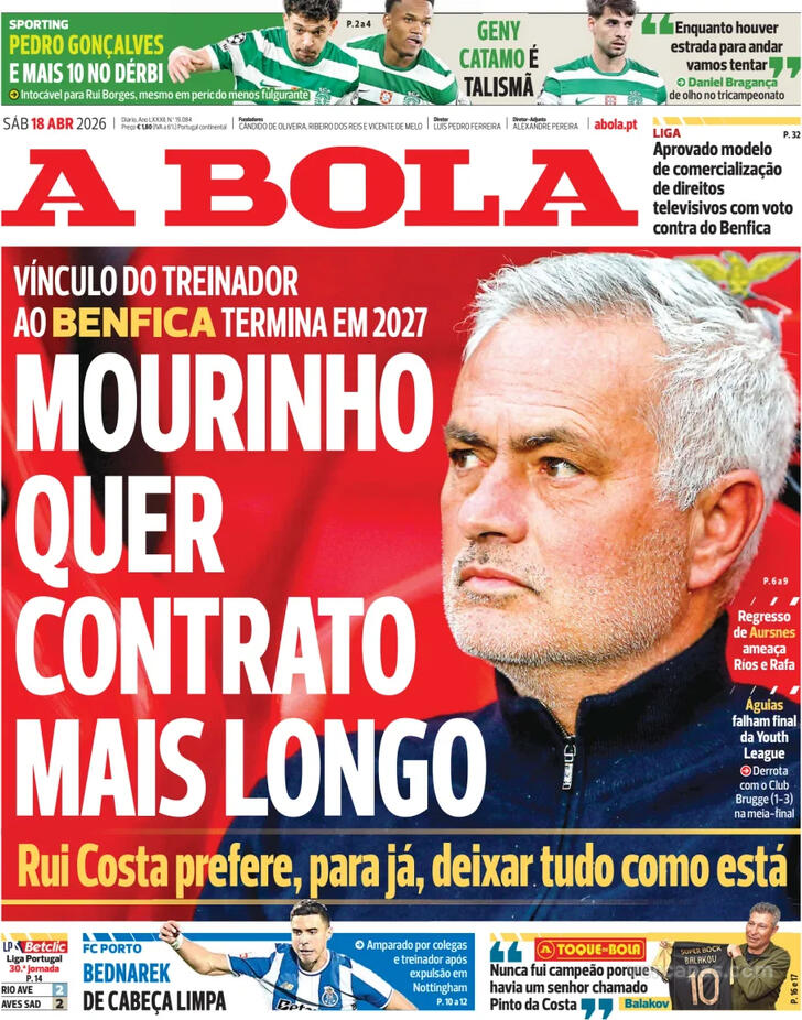 Capas dos jornais desportivos de 18 de Abril de 2026 2 Capa - A Bola