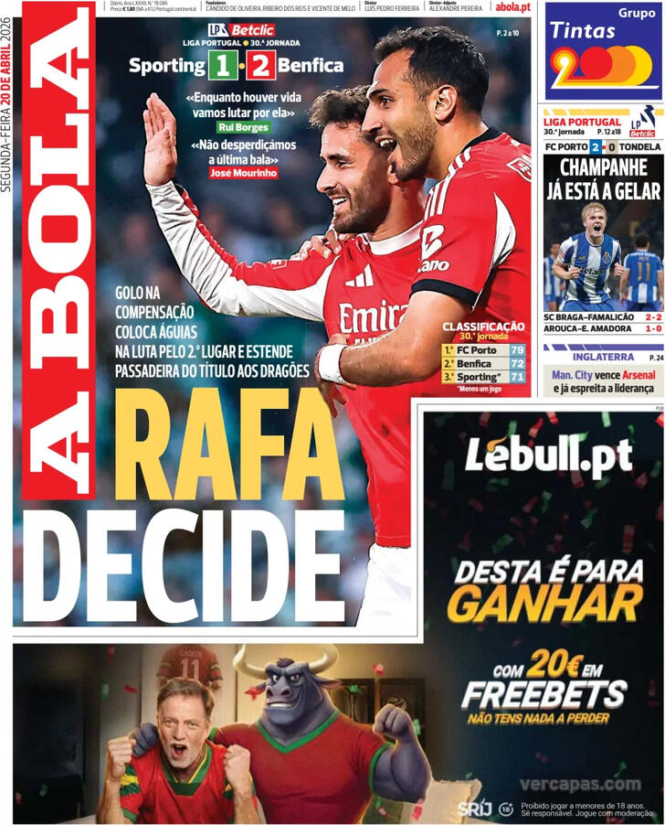 Capas dos jornais desportivos de 20 de Abril de 2026 2 Capa - A Bola