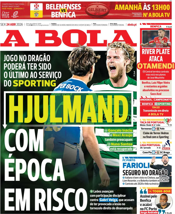 Capas dos jornais desportivos de 24 de Abril de 2026 2 Capa - A Bola