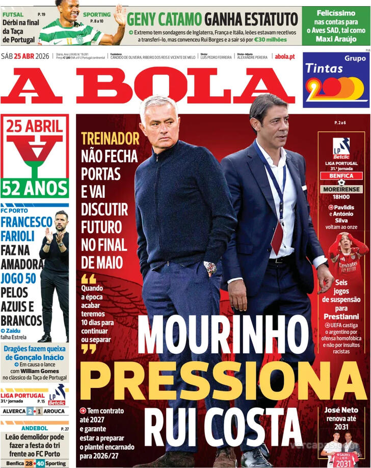 Capas dos jornais desportivos de 25 de Abril de 2026 2 Capa - A Bola