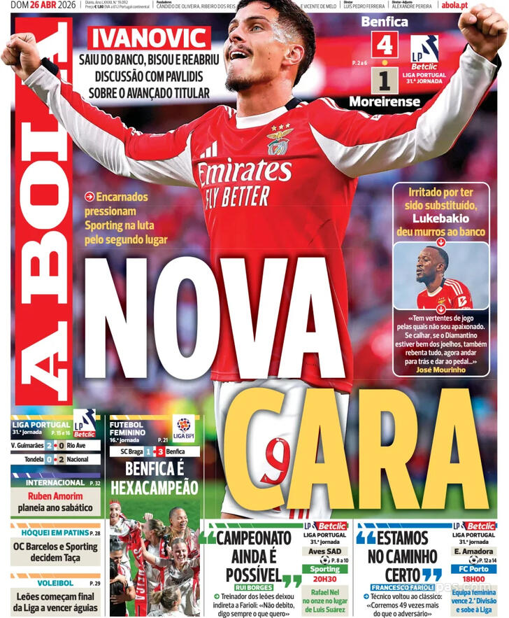 Capas dos jornais desportivos de 26 de Abril de 2026 2 Capa - A Bola