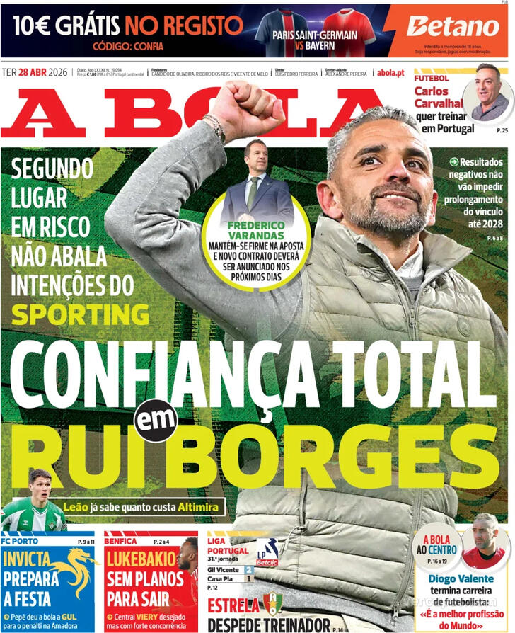 Capas dos jornais desportivos de 28 de Abril de 2026 2 Capa - A Bola