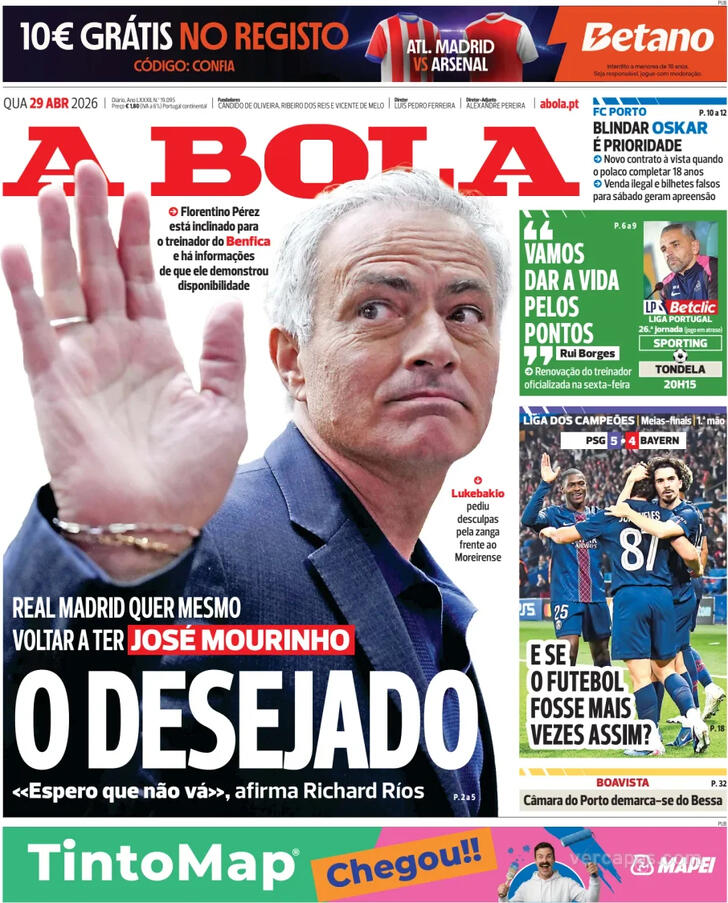 Capas dos jornais desportivos de 29 de Abril de 2026 2 Capa - A Bola