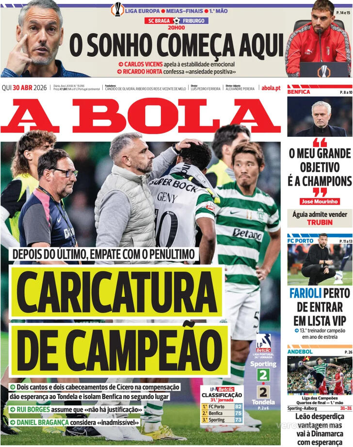 Capas dos jornais desportivos de 30 de Abril de 2026 2 Capa - A Bola
