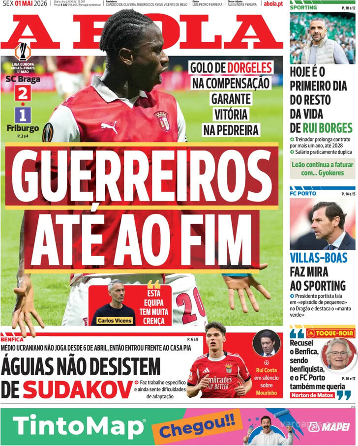 Capas dos jornais desportivos de 1 de Maio de 2026 2 Capa - A Bola