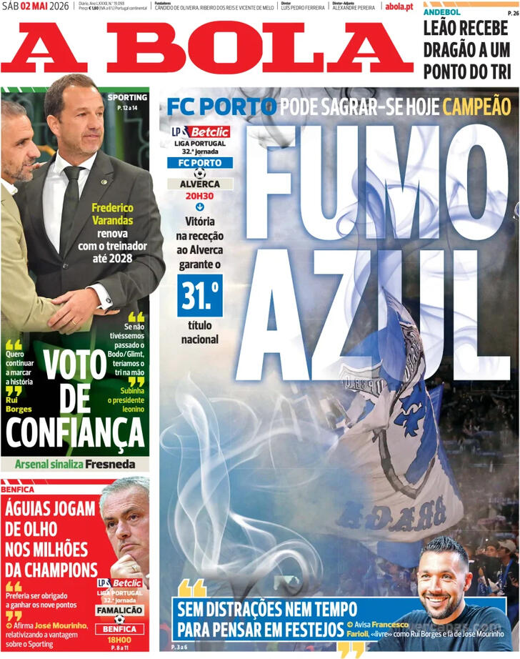 Capas dos jornais desportivos de 2 de Maio de 2026 2 Capa - A Bola