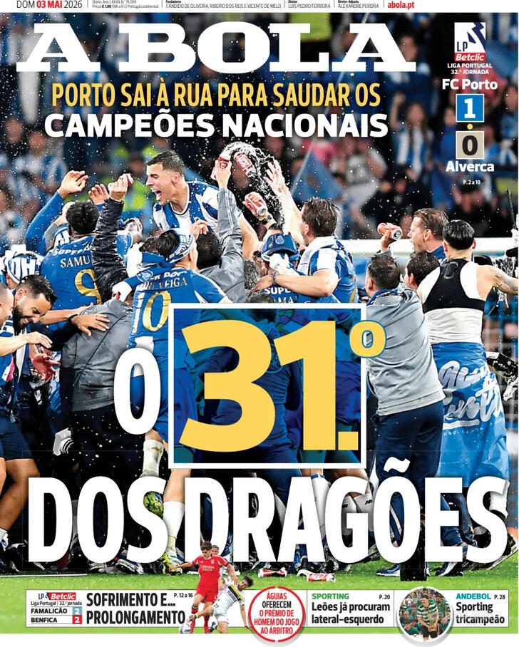 Capas dos jornais desportivos de 3 de Maio de 2026 2 Capa - A Bola