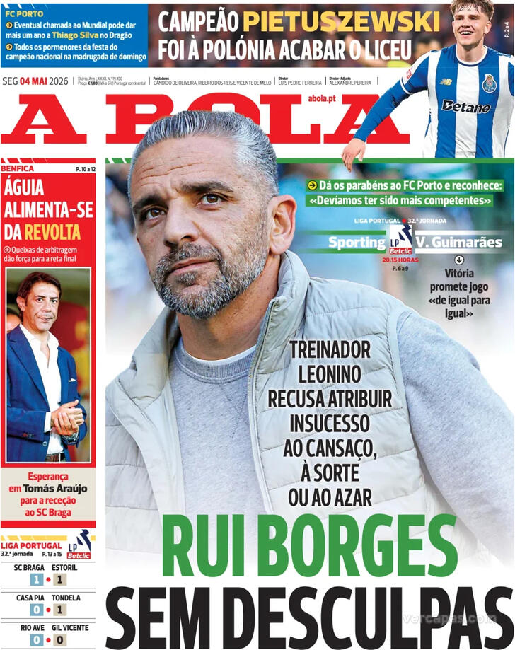 Capas dos jornais desportivos de 4 de Maio de 2026 2 Capa - A Bola