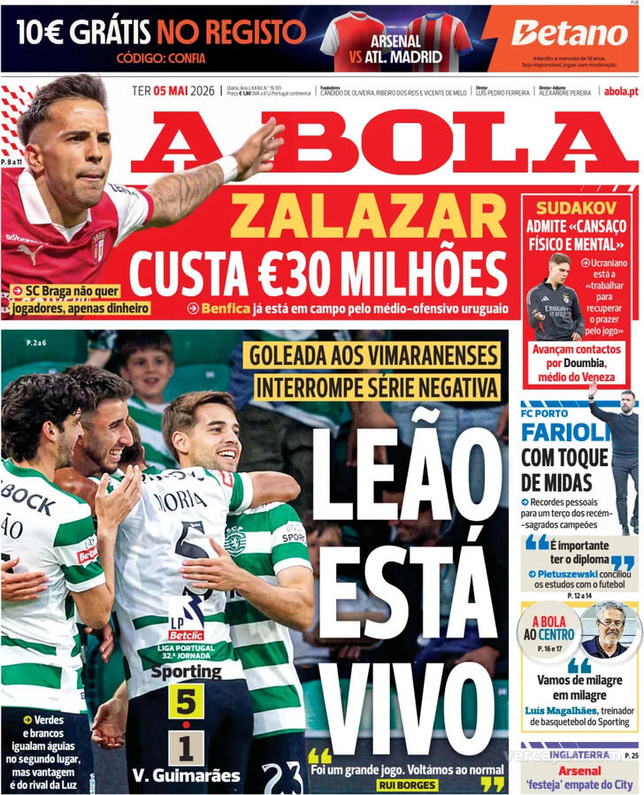 Capas dos jornais desportivos de 5 de Maio de 2026 2 Capa - A Bola
