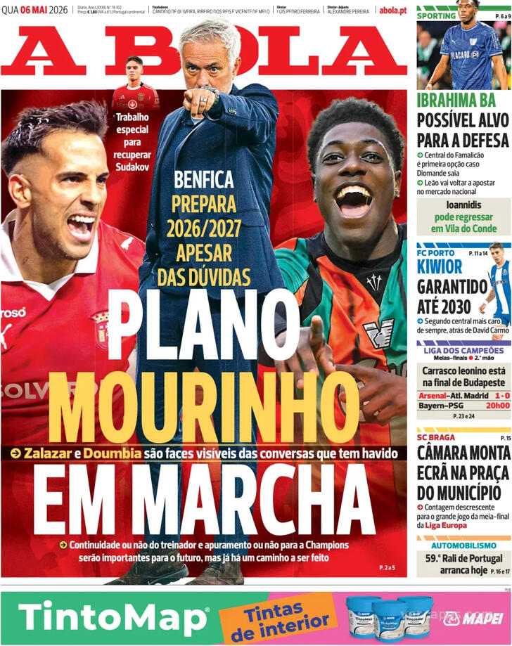 Capas dos jornais desportivos de 6 de Maio de 2026 2 Capa - A Bola