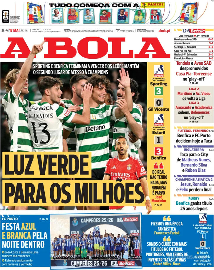 Capas dos jornais desportivos de 17 de Maio de 2026 2 Capa - A Bola