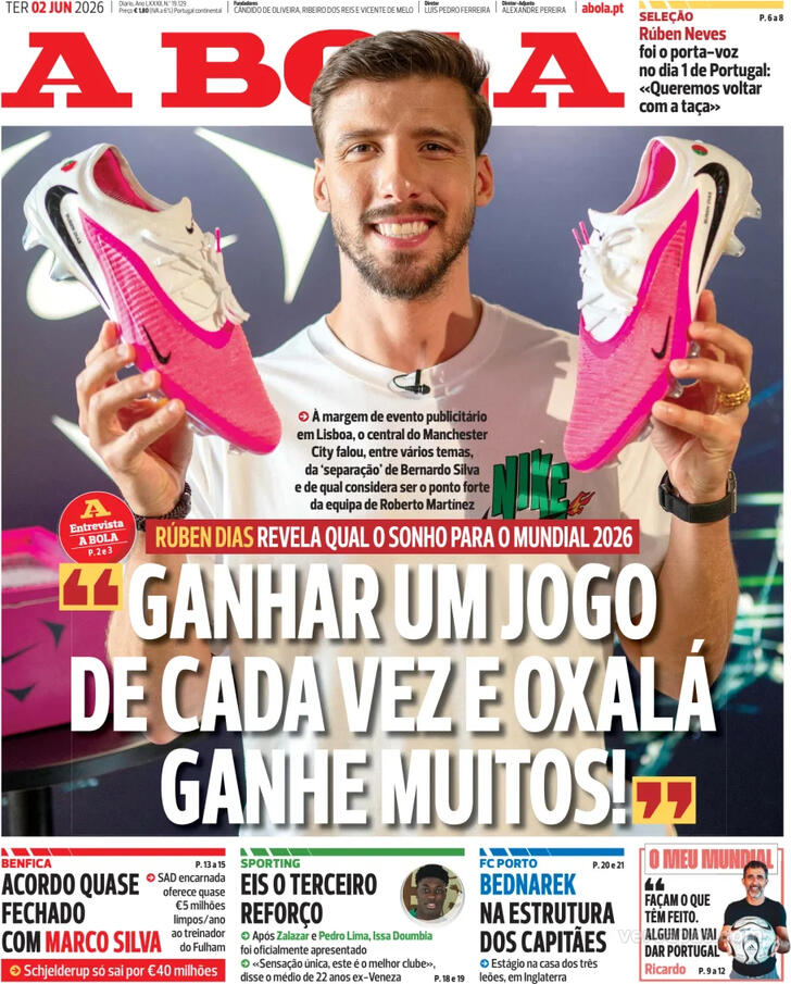 Capas dos jornais desportivos de 2 de Junho de 2026 2 Capa - A Bola