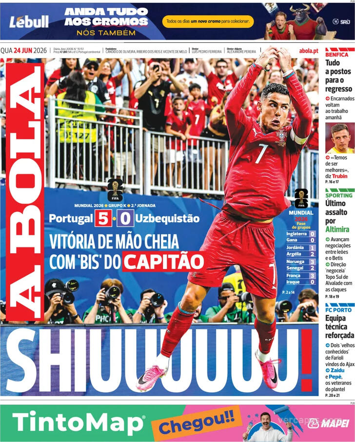 Capas dos jornais desportivos de 24 de Junho de 2026 2 Capa - A Bola