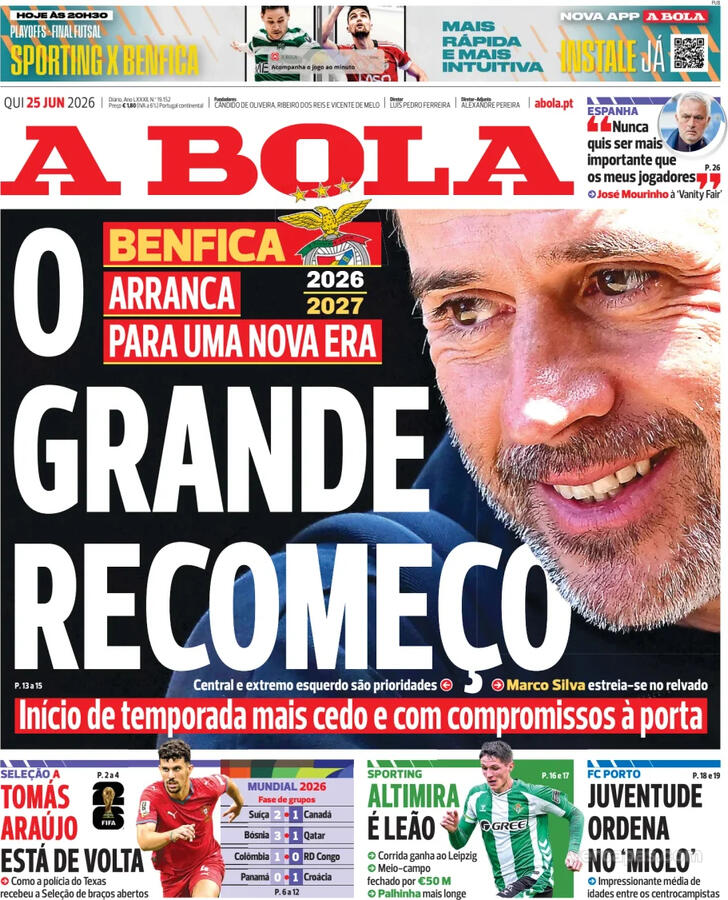Capas dos jornais desportivos de 25 de Junho de 2026 2 Capa - A Bola