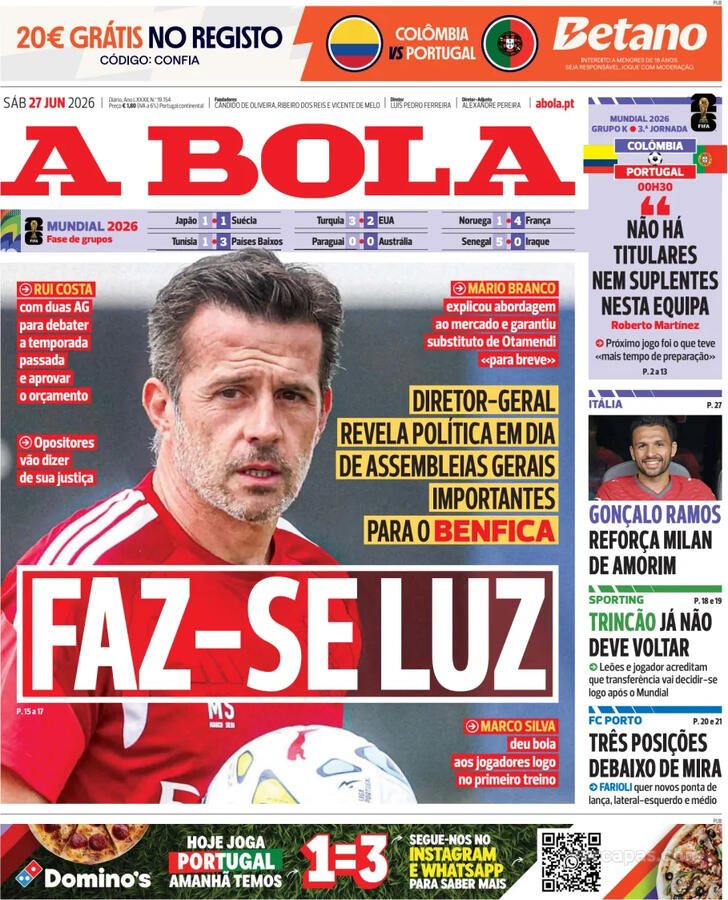 Capas dos jornais desportivos de 27 de Junho de 2026 2 Capa - A Bola