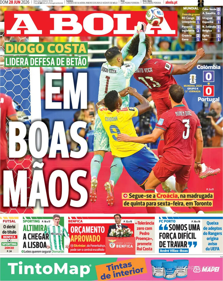 Capas dos jornais desportivos de 28 de Junho de 2026 2 Capa - A Bola