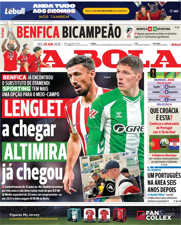 Capas dos jornais desportivos de 29 de Junho de 2026 2 Capa - A Bola