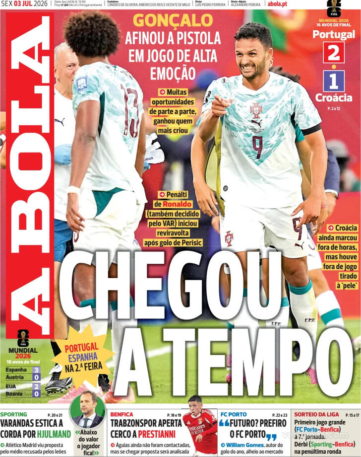 Capas dos jornais desportivos de 3 de Julho de 2026 2 Capa - A Bola