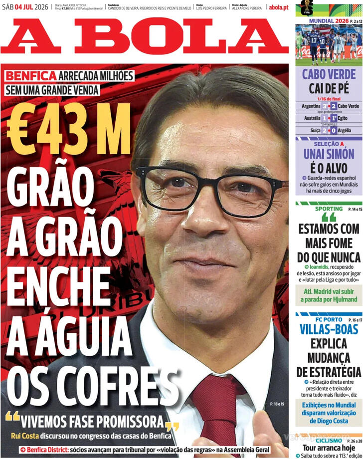 Capas dos jornais desportivos de 4 de Julho de 2026 2 Capa - A Bola