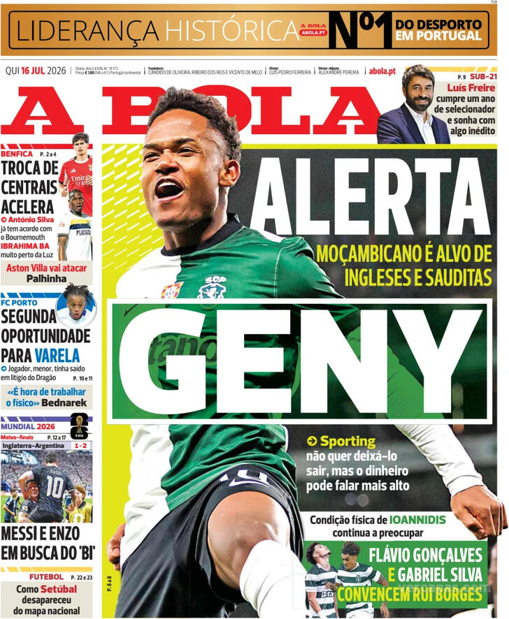 Capas dos jornais desportivos de 16 de Julho de 2026 2 Capa - A Bola
