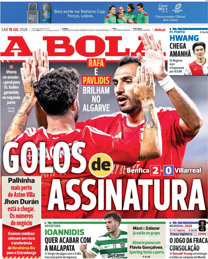 Capas dos jornais desportivos de 18 de Julho de 2026 2 Capa - A Bola