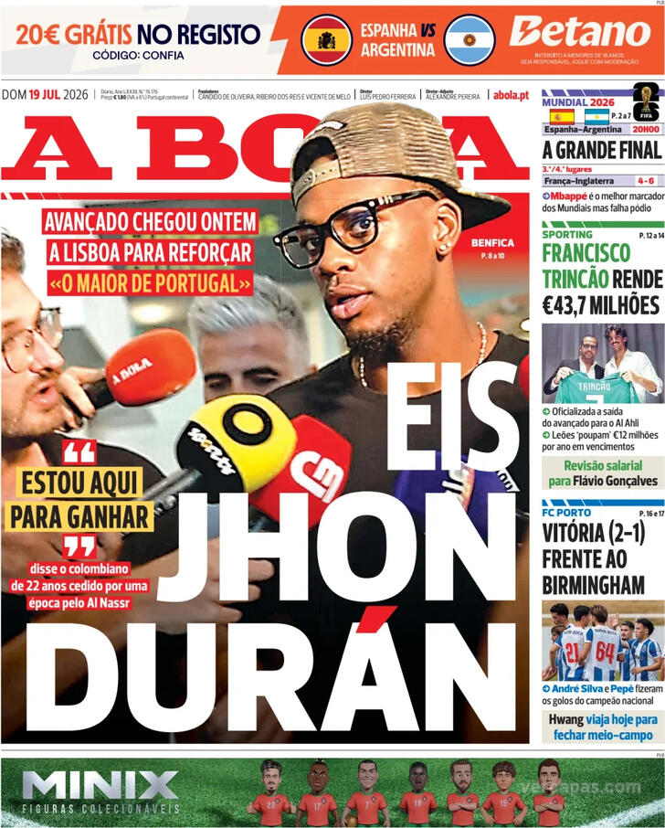 Capas dos jornais desportivos de 19 de Julho de 2026 2 Capa - A Bola