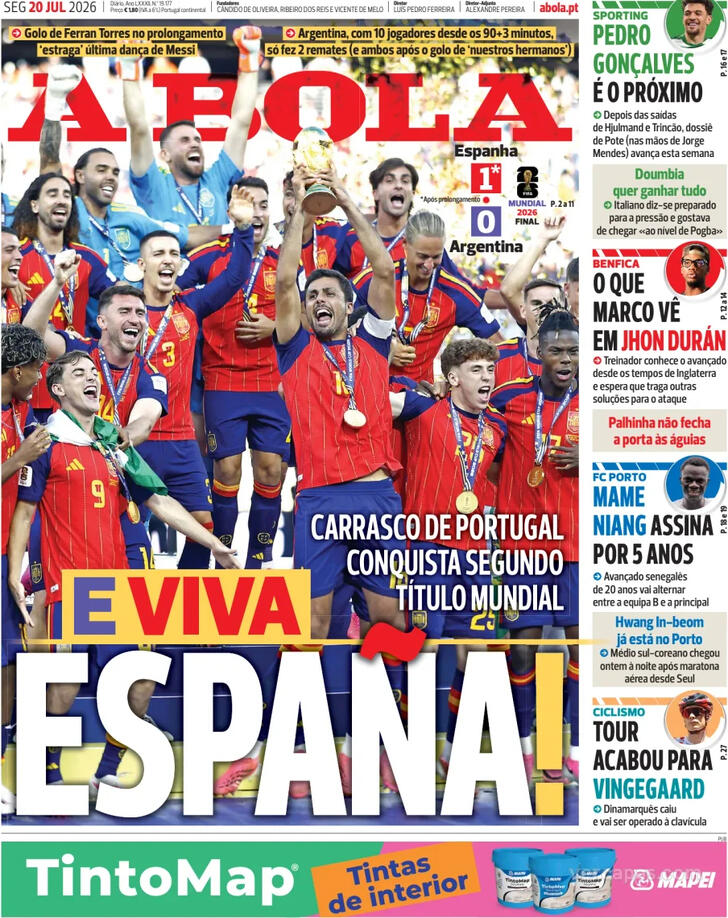 Capas dos jornais desportivos de 20 de Julho de 2026 2 Capa - A Bola