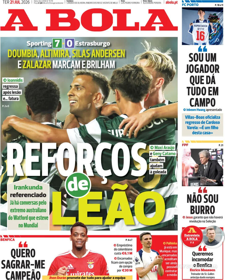 Capas dos jornais desportivos de 21 de Julho de 2026 2 Capa - A Bola