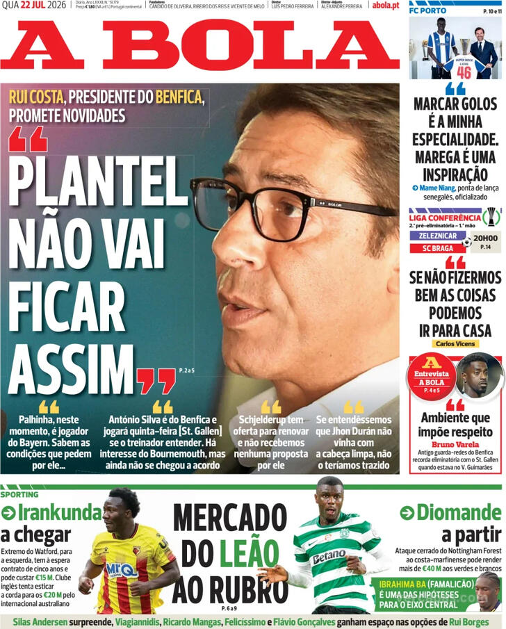 Capas dos jornais desportivos de 22 de Julho de 2026 2 Capa - A Bola