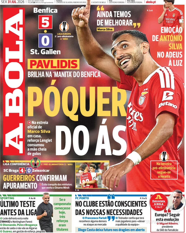 Capas dos jornais desportivos de 31 de Julho de 2026 2 Capa - A Bola