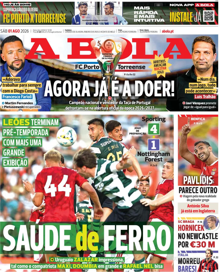 Capas dos jornais desportivos de 1 de Agosto de 2026 2 Capa - A Bola