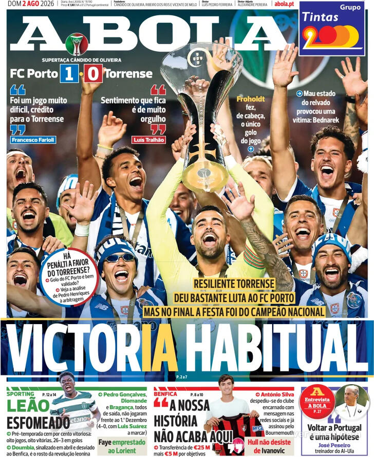 Capas dos jornais desportivos de 2 de Agosto de 2026 2 Capa - A Bola
