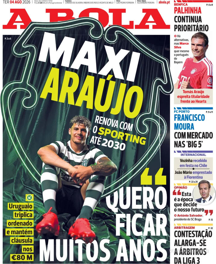 Capas dos jornais desportivos de 4 de Agosto de 2026 2 Capa - A Bola